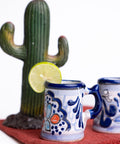 Talavera Shot Glasses - Set of 4 - 2 Oz (Blue/Flowers w/Handle) - MEXTEQUIL: MEXICRAFT IMPORTS LLC