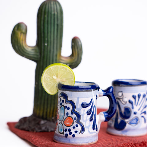 Talavera Shot Glasses - Set of 4 - 2 Oz (Blue/Flowers w/Handle) - MEXTEQUIL: MEXICRAFT IMPORTS LLC