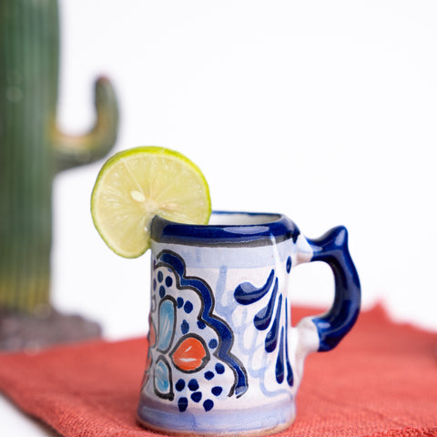 Talavera Shot Glasses - Set of 4 - 2 Oz (Blue/Flowers w/Handle) - MEXTEQUIL: MEXICRAFT IMPORTS LLC