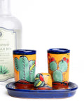 Talavera Set of 2 Shot Glasses, Salt & Tray - 2 Oz (Cactus) - MEXTEQUIL: MEXICRAFT IMPORTS LLC