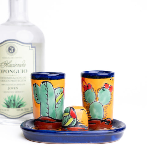 Talavera Set of 2 Shot Glasses, Salt & Tray - 2 Oz (Cactus) - MEXTEQUIL: MEXICRAFT IMPORTS LLC