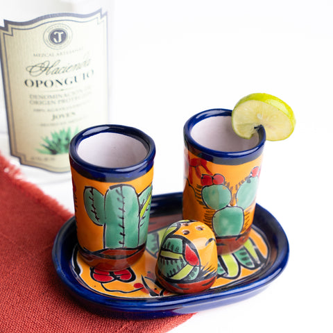 Talavera Set of 2 Shot Glasses, Salt & Tray - 2 Oz (Cactus) - MEXTEQUIL: MEXICRAFT IMPORTS LLC