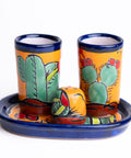 Talavera Set of 2 Shot Glasses, Salt & Tray - 2 Oz (Cactus) - MEXTEQUIL: MEXICRAFT IMPORTS LLC