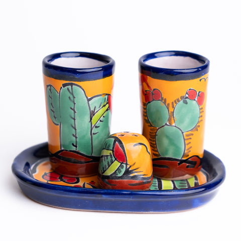 Talavera Set of 2 Shot Glasses, Salt & Tray - 2 Oz (Cactus) - MEXTEQUIL: MEXICRAFT IMPORTS LLC