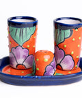 Talavera Set of 2 Shot Glasses, Salt & Tray - 2 Oz (Bugambilia) - MEXTEQUIL: MEXICRAFT IMPORTS LLC