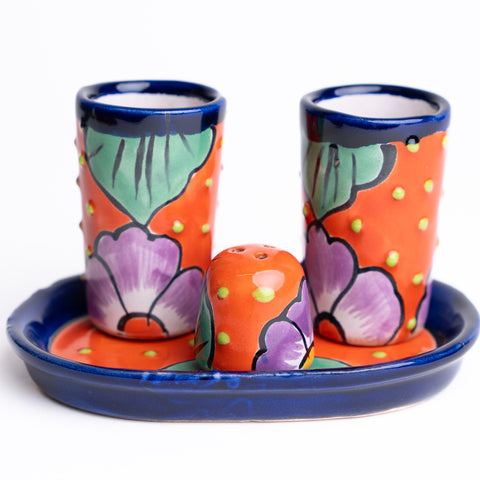 Talavera Set of 2 Shot Glasses, Salt & Tray - 2 Oz (Bugambilia) - MEXTEQUIL: MEXICRAFT IMPORTS LLC