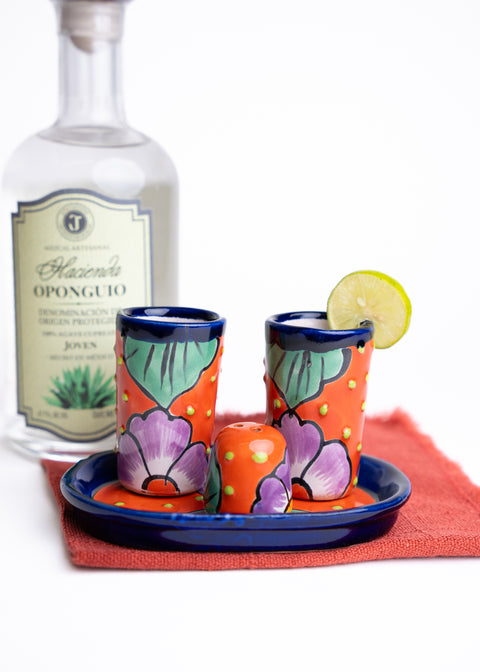 Talavera Set of 2 Shot Glasses, Salt & Tray - 2 Oz (Bugambilia) - MEXTEQUIL: MEXICRAFT IMPORTS LLC