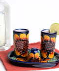 Talavera Set of 2 Shot Glasses, Salt & Tray - 2 Oz (Sunflower) - MEXTEQUIL: MEXICRAFT IMPORTS LLC