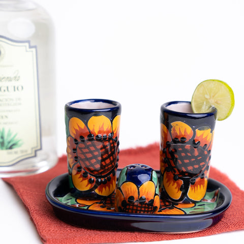 Talavera Set of 2 Shot Glasses, Salt & Tray - 2 Oz (Sunflower) - MEXTEQUIL: MEXICRAFT IMPORTS LLC