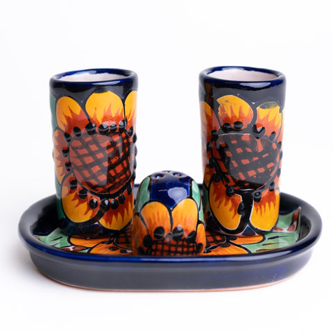 Talavera Set of 2 Shot Glasses, Salt & Tray - 2 Oz (Sunflower) - MEXTEQUIL: MEXICRAFT IMPORTS LLC