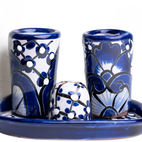 Talavera Set of 2 Shot Glasses, Salt & Tray - 2 Oz (Blue) - MEXTEQUIL: MEXICRAFT IMPORTS LLC