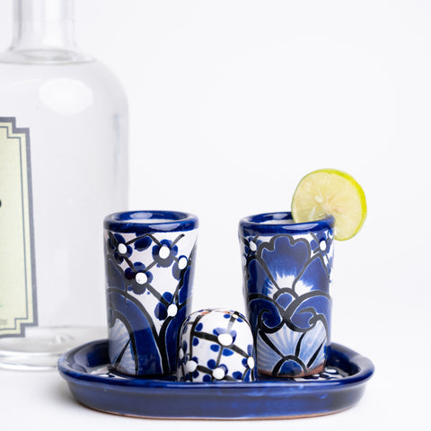 Talavera Set of 2 Shot Glasses, Salt & Tray - 2 Oz (Blue) - MEXTEQUIL: MEXICRAFT IMPORTS LLC