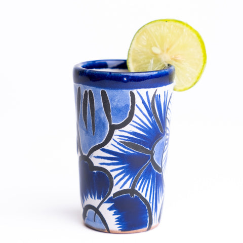 Talavera Set of 2 Shot Glasses, Salt & Tray - 2 Oz (Blue) - MEXTEQUIL: MEXICRAFT IMPORTS LLC