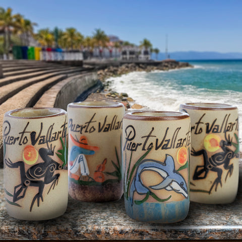 Ceramic Tequila Shot Glasses - Set of 4 - 2 Oz - Beach Collection (Puerto Vallarta)