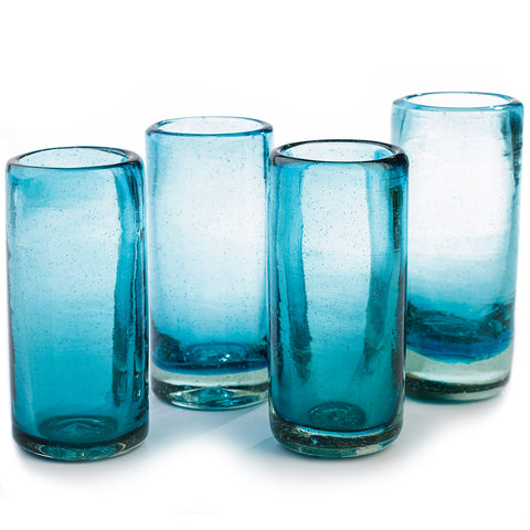 Hand-Blown Mexican Shot Glasses – Aqua | Set of 4 | 2 oz - MEXTEQUIL