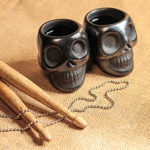 Black Clay Mexican Shot Glasses - Set of 4 - 2 Oz (Skull)