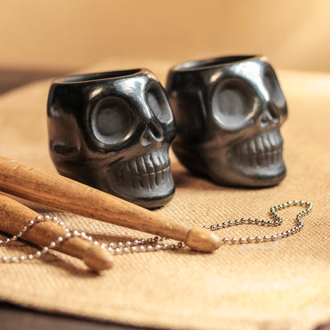 Black Clay Mexican Shot Glasses - Set of 4 - 2 Oz (Skull)