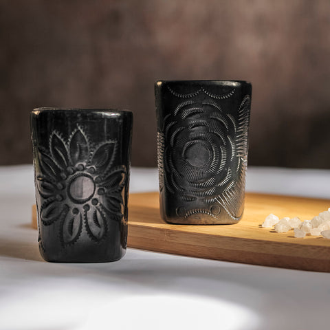 Black Clay Mexican Shot Glasses - Set of 4 - 2 Oz (Round) - MEXTEQUIL