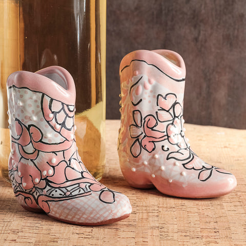 Talavera Cowboy Boot Shot Glasses - Set of 2 - 3 Oz (Pink) - MEXTEQUIL
