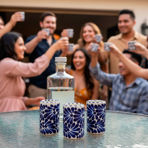 Talavera Shot Glasses - Set of 4 - 2 Oz (Blue Brushstroke) - MEXTEQUIL