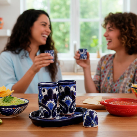 Juego de 2 vasos tequileros con salero y bandeja - 60 mL - Azul 