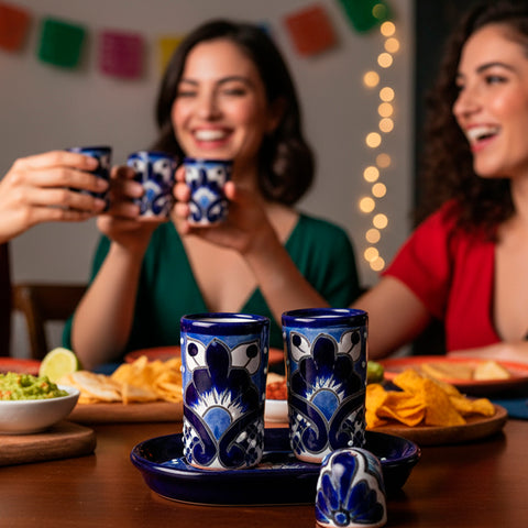 Juego de 2 vasos tequileros con salero y bandeja - 60 mL - Azul 