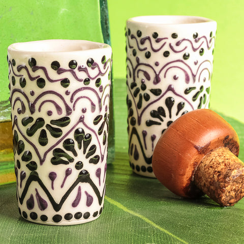 Talavera Shot Glasses - Set of 4 - 2 Oz (Black Lace) - MEXTEQUIL