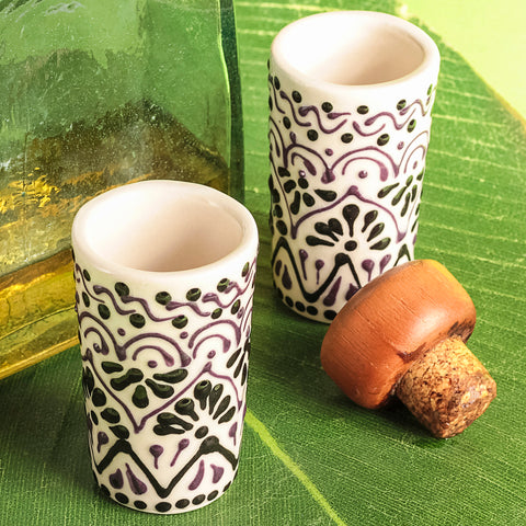Talavera Shot Glasses - Set of 4 - 2 Oz (Black Lace) - MEXTEQUIL