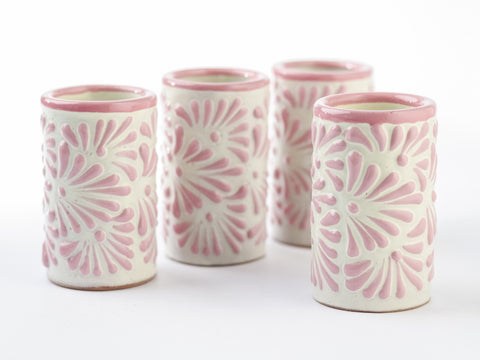 Vasos tequileros de Cerámica Talavera - Set de 4 - 60 mL - Plumeado Rosa