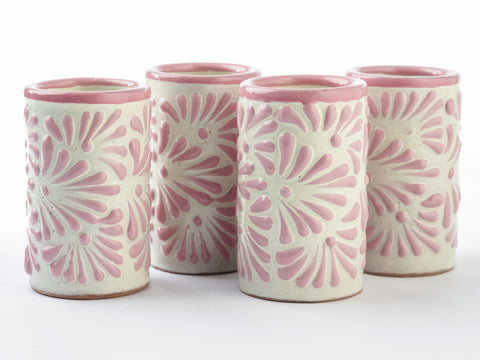 Vasos tequileros de Cerámica Talavera - Set de 4 - 60 mL - Plumeado Rosa