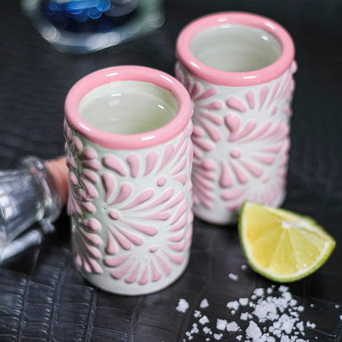 Vasos tequileros de Cerámica Talavera - Set de 4 - 60 mL - Plumeado Rosa