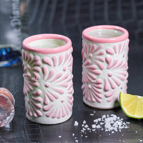 Vasos tequileros de Cerámica Talavera - Set de 4 - 60 mL - Plumeado Rosa