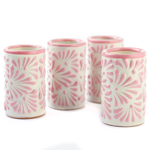 Vasos tequileros de Cerámica Talavera - Set de 4 - 60 mL - Plumeado Rosa