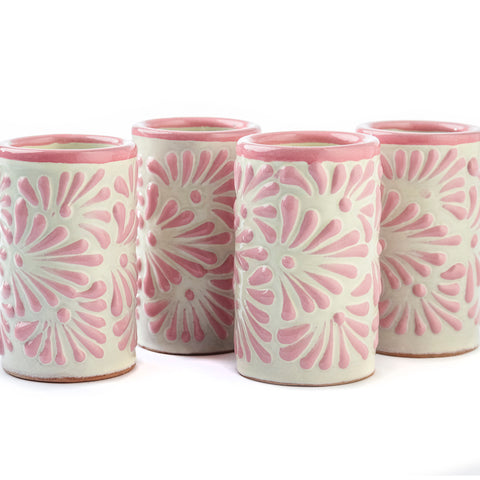 Vasos tequileros de Cerámica Talavera - Set de 4 - 60 mL - Plumeado Rosa