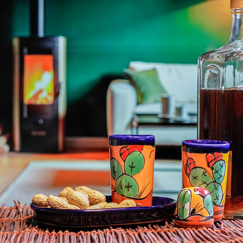 Juego de 2 vasos tequileros con salero y bandeja - 60 mL -Cactus