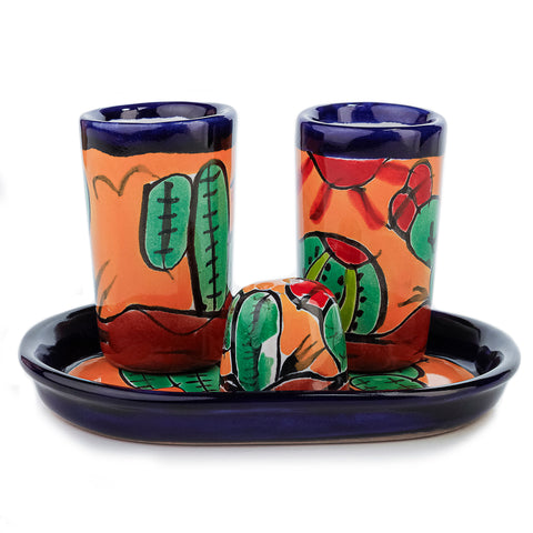 Juego de 2 vasos tequileros con salero y bandeja - 60 mL -Cactus