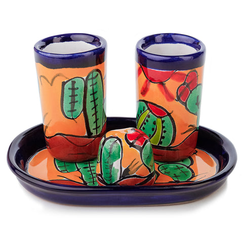 Juego de 2 vasos tequileros con salero y bandeja - 60 mL -Cactus