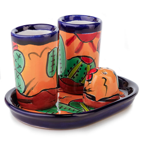 Juego de 2 vasos tequileros con salero y bandeja - 60 mL -Cactus