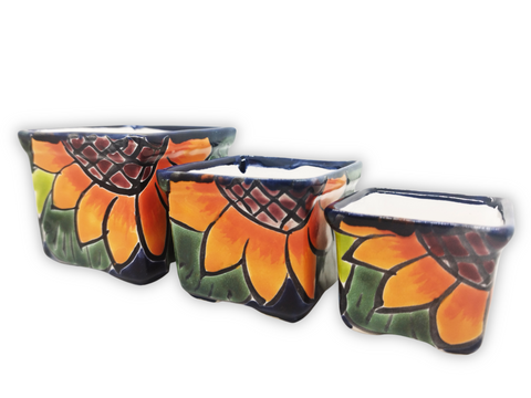 Talavera Hand-Painted Pottery Planters - Set of 3 (Sunflower - Alcatraz 2.8") - MEXTEQUIL: MEXICRAFT IMPORTS LLC