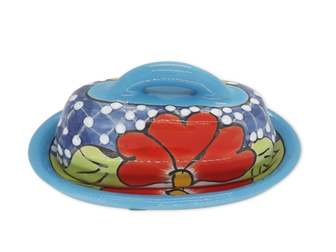 Butter Dish Ceramic Talavera with Lid Hand Painted (Aqua) - MEXTEQUIL: MEXICRAFT IMPORTS LLC