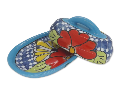 Butter Dish Ceramic Talavera with Lid Hand Painted (Aqua) - MEXTEQUIL: MEXICRAFT IMPORTS LLC