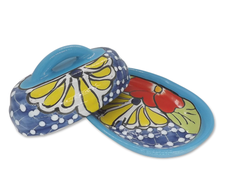 Butter Dish Ceramic Talavera with Lid Hand Painted (Aqua) - MEXTEQUIL: MEXICRAFT IMPORTS LLC