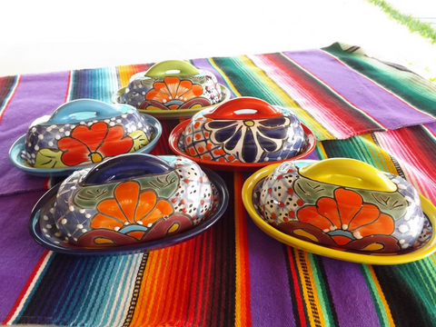 Butter Dish Ceramic Talavera with Lid Hand Painted (Aqua) - MEXTEQUIL: MEXICRAFT IMPORTS LLC