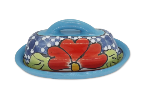 Butter Dish Ceramic Talavera with Lid Hand Painted (Aqua) - MEXTEQUIL: MEXICRAFT IMPORTS LLC