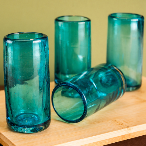 Hand Blown Shot Glasses - Set of 4 - 2 Oz (Aqua) - MEXTEQUIL: MEXICRAFT IMPORTS LLC