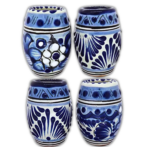 Talavera Shot Glasses - Set of 4 - 2 Oz (Blue Barrel) - MEXTEQUIL: MEXICRAFT IMPORTS LLC