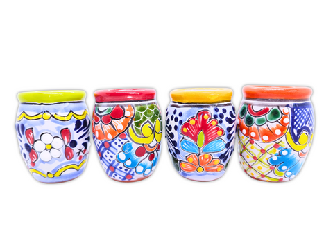 Talavera Shot Glasses - Set of 4 - 2 Oz (Barrel Rim Colors) - MEXTEQUIL: MEXICRAFT IMPORTS LLC