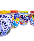 Talavera Shot Glasses - Set of 4 - 2 Oz (Barrel Rim Colors) - MEXTEQUIL: MEXICRAFT IMPORTS LLC