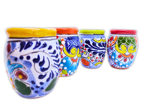 Talavera Shot Glasses - Set of 4 - 2 Oz (Barrel Rim Colors) - MEXTEQUIL: MEXICRAFT IMPORTS LLC