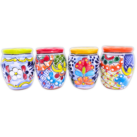 Talavera Shot Glasses - Set of 4 - 2 Oz (Barrel Rim Colors) - MEXTEQUIL: MEXICRAFT IMPORTS LLC